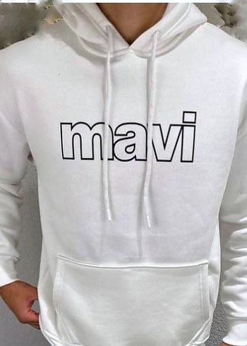Beyaz Mavi Yazılı Kapüşonlu Sweatshirt