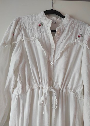 Uzun Beyaz Nakışlı Bohem Keten Elbise - Görsel 2