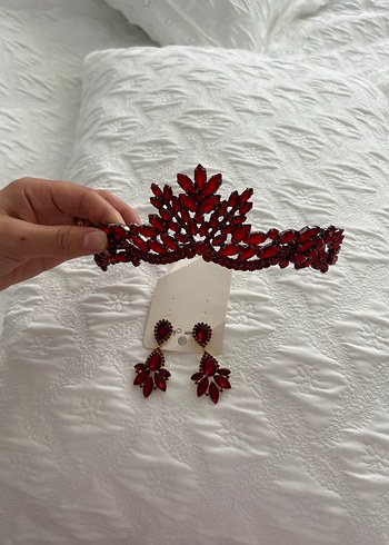 Diger Kırmızı Payetli Gelin Tacı ve Küpe Seti - Görsel 4