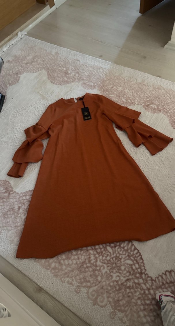 Kahverengi Kemerli Uzun Kollu Keten elbise tunik - Görsel 2