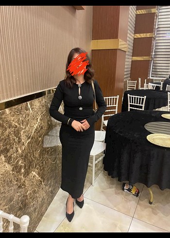 Siyah V Yakalı Uzun Kollu Uzun Elbise - Görsel 5