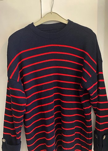 Düğmeli Çizgili Kadın Triko Kazak - Görsel 2