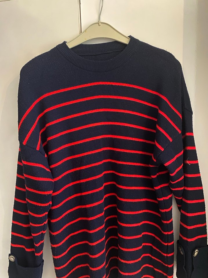 Düğmeli Çizgili Kadın Triko Kazak - Görsel 2