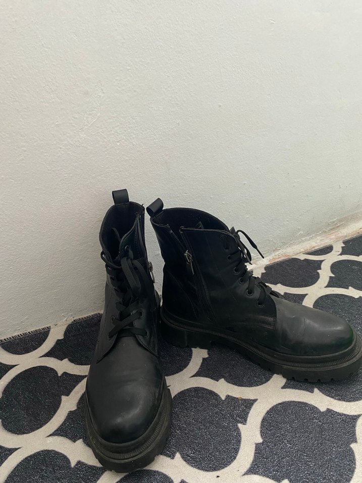 Siyah Deri Platform Topuklu Punk Bot - Görsel 4