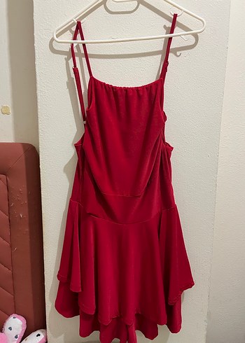 Kırmızı Mini Drapeli İnce Askılı Elbise - Görsel 2