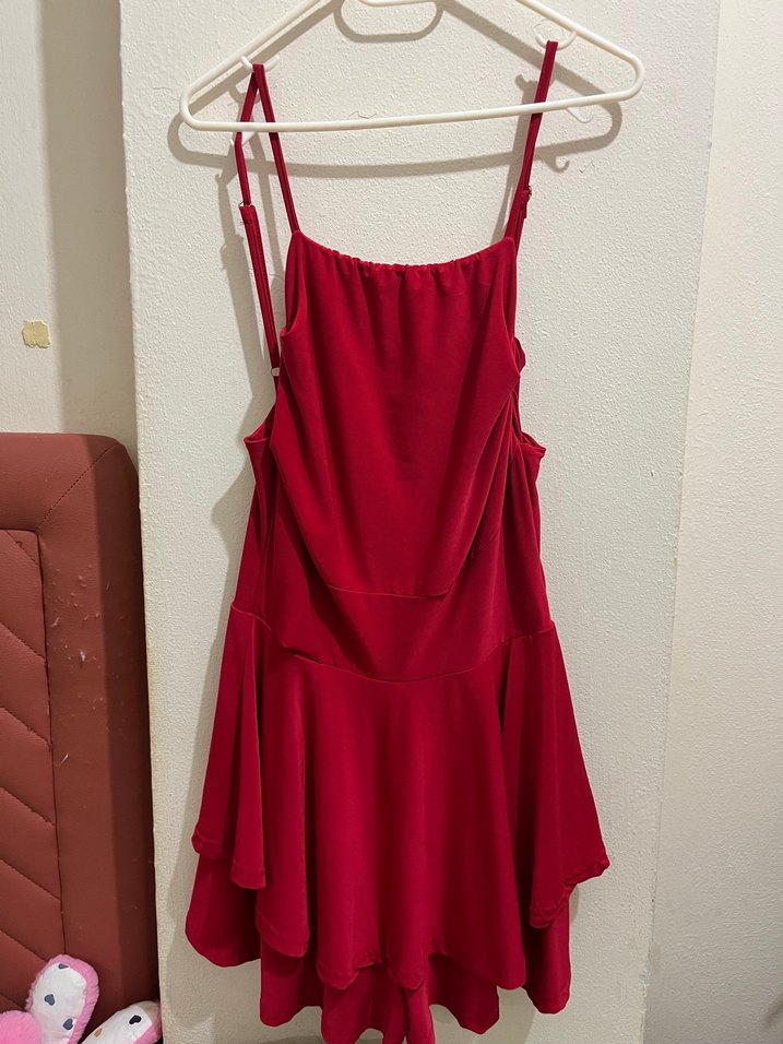 Kırmızı Mini Drapeli İnce Askılı Elbise - Görsel 2