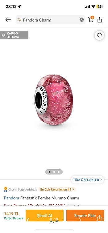 Beden pembe murano charm