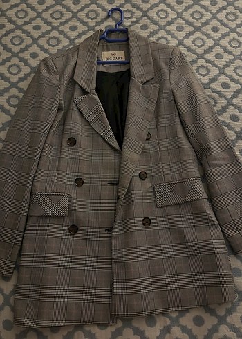 Gri Ekoseli Düğmeli Kadın Blazer Ceket