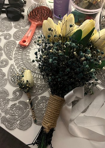 Gelinlik Dantel Detaylı Beyaz Bohem Gelin Buketi