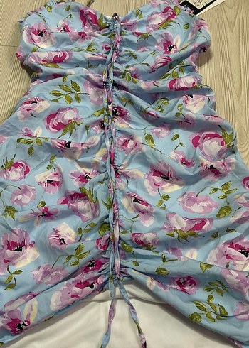 Mavi Çiçekli Drapeli Mini Elbise - Görsel 3