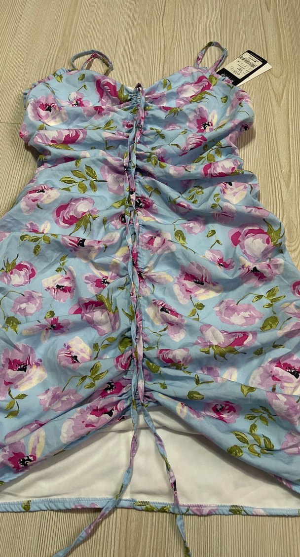 Mavi Çiçekli Drapeli Mini Elbise - Görsel 3