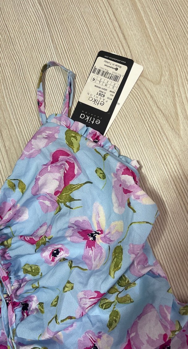 Mavi Çiçekli Drapeli Mini Elbise - Görsel 2