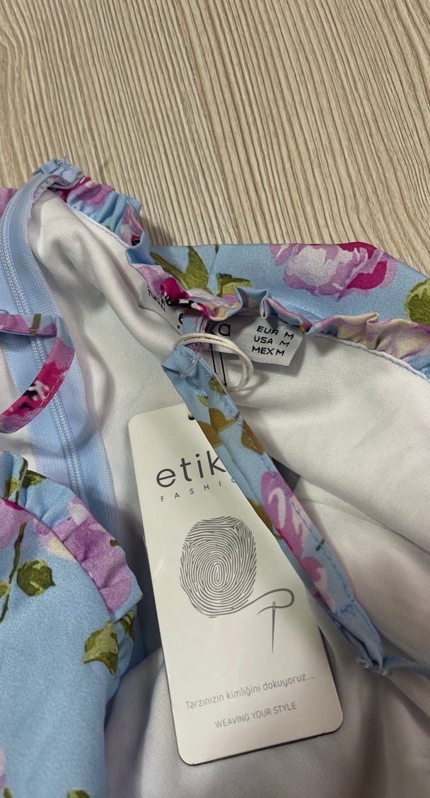 Mavi Çiçekli Drapeli Mini Elbise - Görsel 4