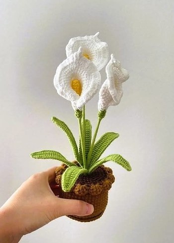 Beyaz Örgü Saksı Çiçeği Dekorasyonu Amigurumi solmayan çiçek