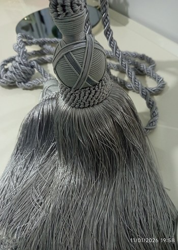 Bohem Gri Nakışlı Perde Bağı 3 adet aparat 3 Adet püskülü - Görsel 3