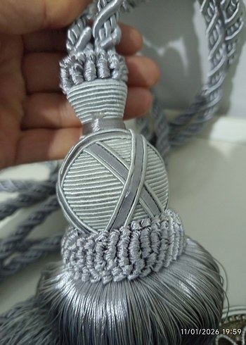 Bohem Gri Nakışlı Perde Bağı 3 adet aparat 3 Adet püskülü - Görsel 4