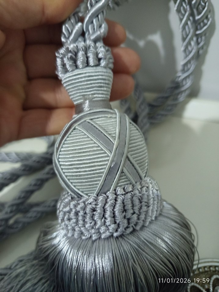 Bohem Gri Nakışlı Perde Bağı 3 adet aparat 3 Adet püskülü - Görsel 4