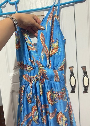 Mavi Robin saten Uzun Elbise - Görsel 5