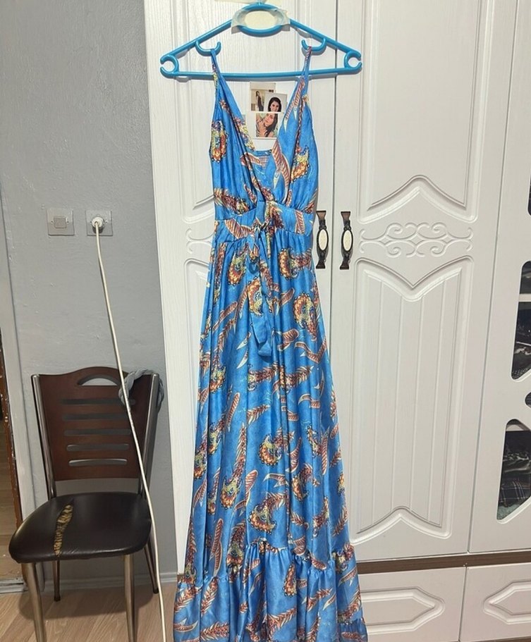 Mavi Robin saten Uzun Elbise - Görsel 3