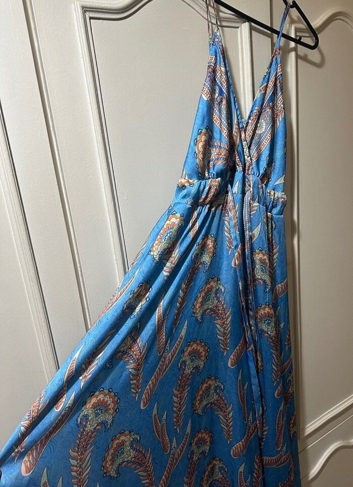 Mavi Robin saten Uzun Elbise - Görsel 4