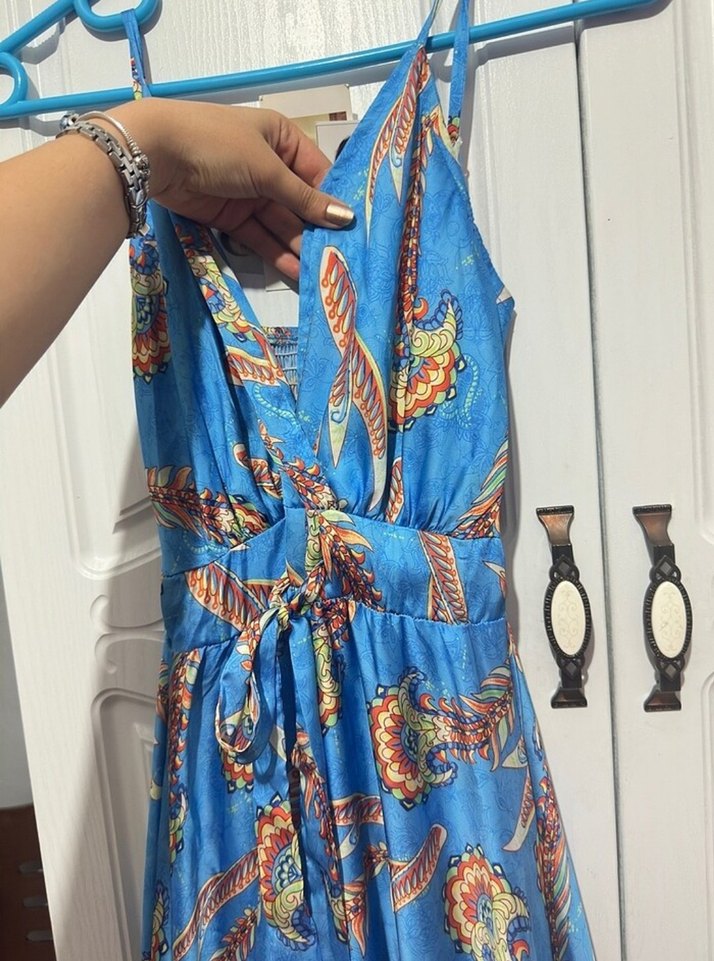 Mavi Robin saten Uzun Elbise - Görsel 5