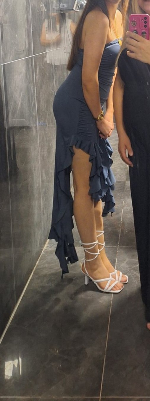 Gri Straplez Uzun Drapeli Kadın Elbise - Görsel 2