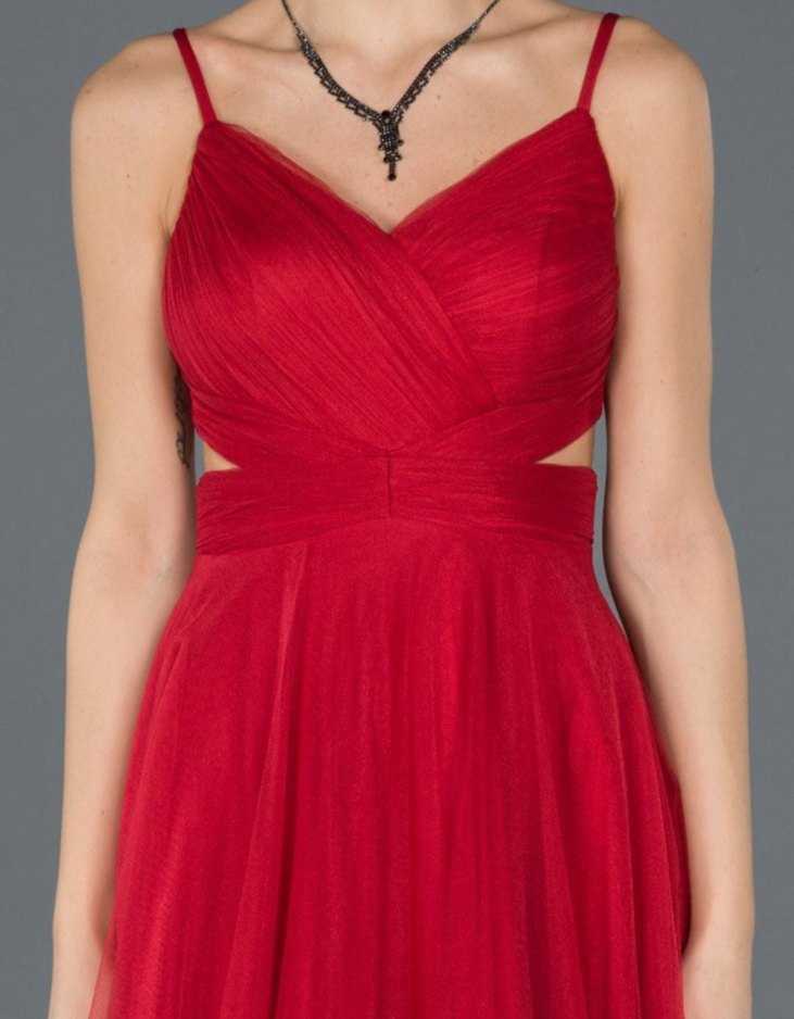 Kırmızı Drapeli Uzun Abiye Elbise - Görsel 3