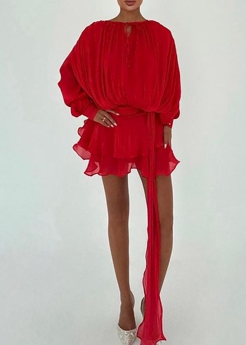 Kırmızı Drapeli Mini Kadın Elbise - Görsel 3