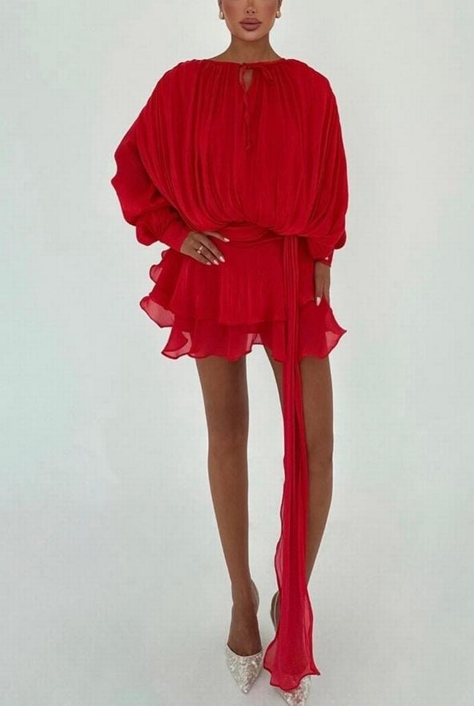 Kırmızı Drapeli Mini Kadın Elbise - Görsel 3