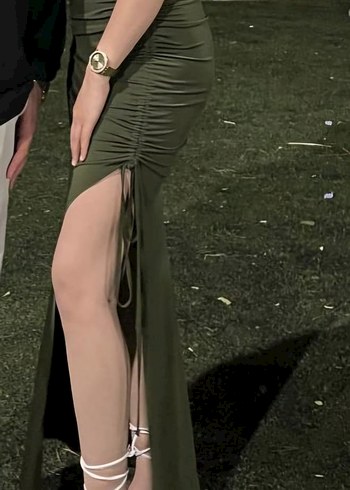 Drapeli Straplez Uzun Keten Elbise - Görsel 2