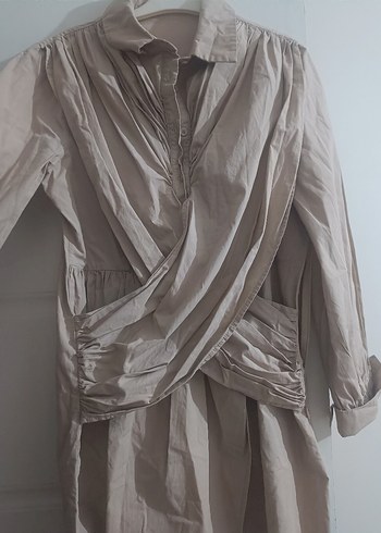 Bej Keten Midi elbise - Görsel 4