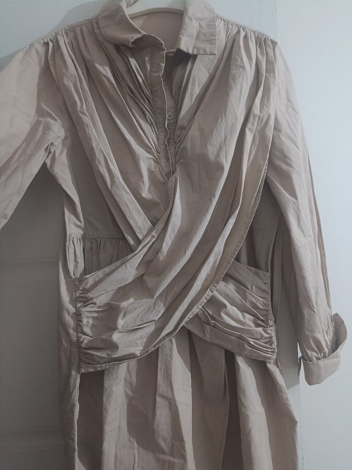 Bej Keten Midi elbise - Görsel 4