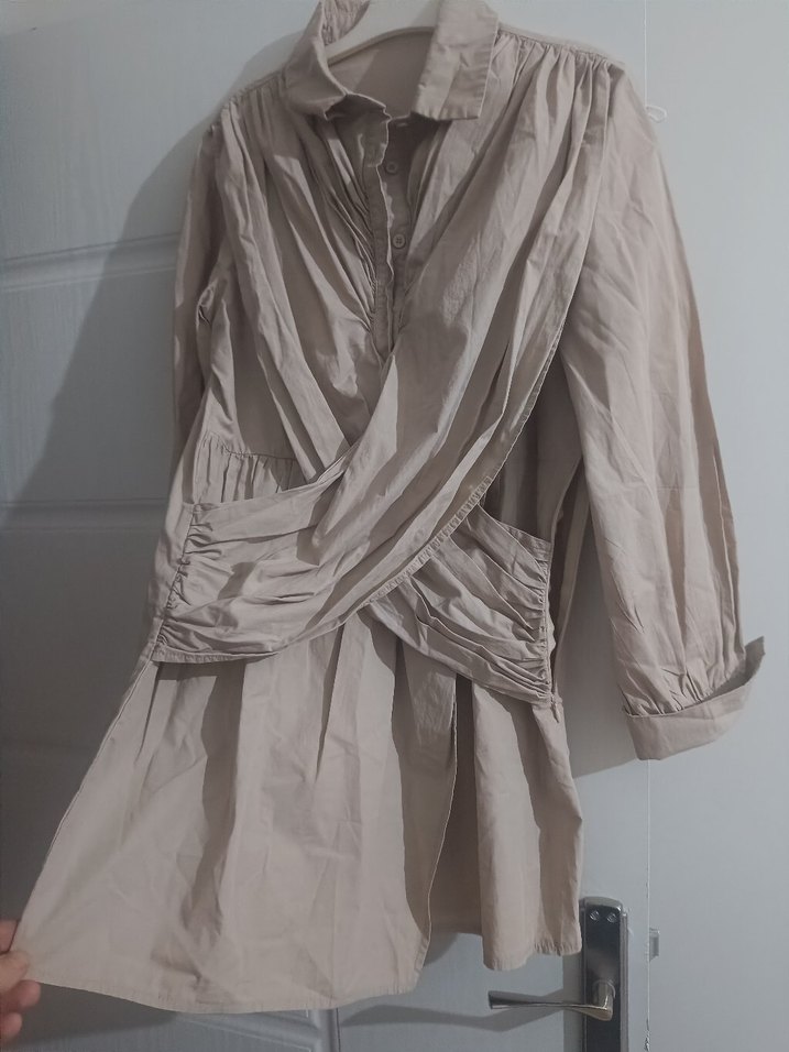 Bej Keten Midi elbise - Görsel 2