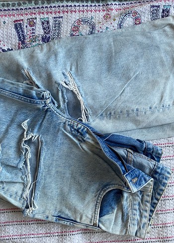 Düğmeli Bohem Gri Mavi Batik Kadın Kot Pantolon