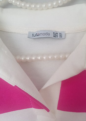 42 Beden Fullamoda Fuşya Rengi Çizgili Polo Yaka Sıfır Kol Midi Elbise