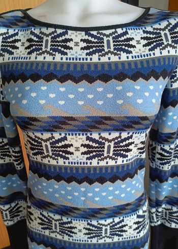 Mavi Desenli Bohem Triko Kadın Kazak - Görsel 2