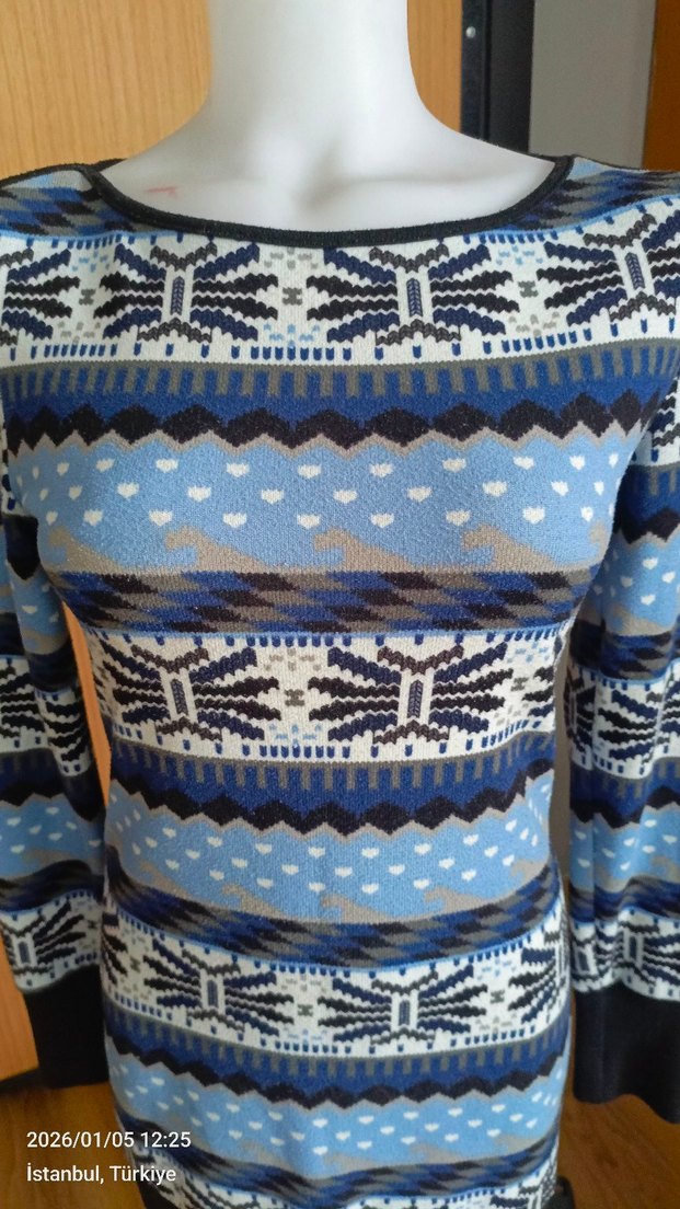 Mavi Desenli Bohem Triko Kadın Kazak - Görsel 2