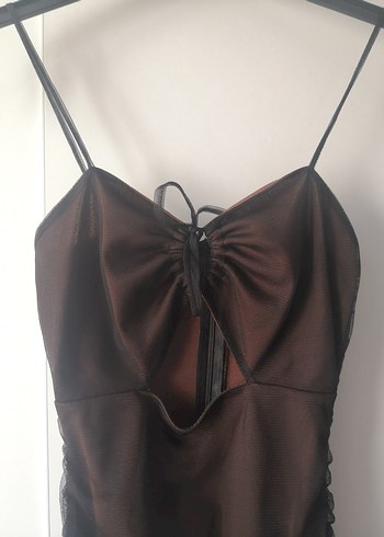 xs Beden Kahverengi Drape Detaylı Tül Elbise