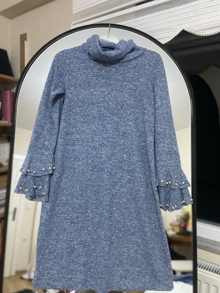 İnci Detaylı Gri Triko Balıkçı Yaka Elbise - Görsel 2