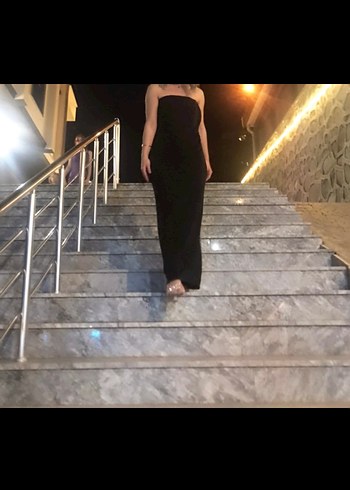 Uzun Siyah Straplez simli Drapeli Kadın Abiye Elbise - Görsel 3