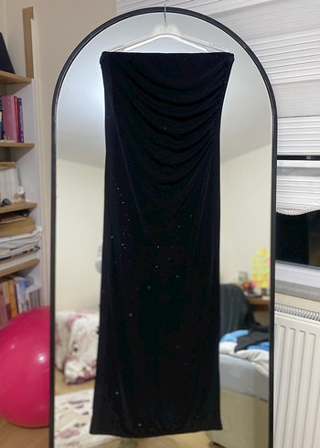 Uzun Siyah Straplez simli Drapeli Kadın Abiye Elbise - Görsel 2