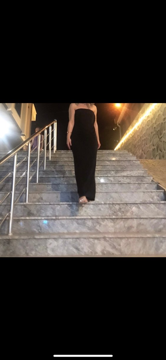 Uzun Siyah Straplez simli Drapeli Kadın Abiye Elbise - Görsel 3