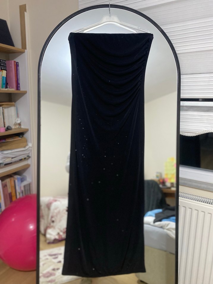 Uzun Siyah Straplez simli Drapeli Kadın Abiye Elbise - Görsel 2