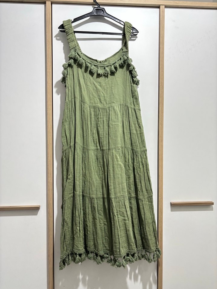 Püsküllü Keten Bohem Uzun Elbise - Görsel 2