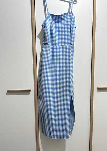 Mavi Kareli Uzun Askılı Elbise - Görsel 2