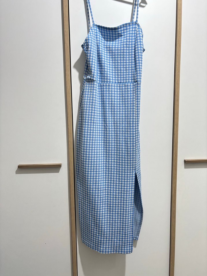 Mavi Kareli Uzun Askılı Elbise - Görsel 2