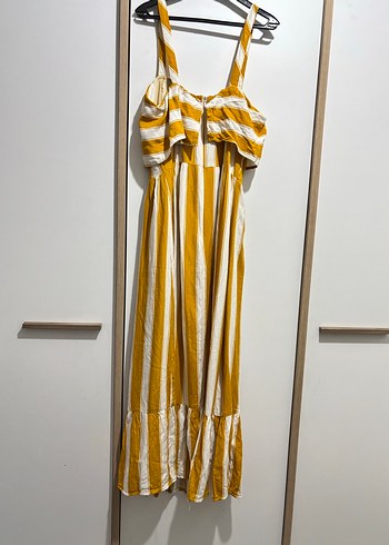 Sarı Çizgili Uzun Pliseli Bohem Elbise - Görsel 2