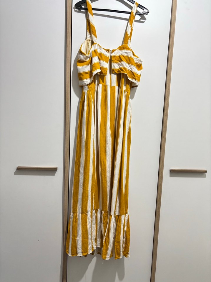 Sarı Çizgili Uzun Pliseli Bohem Elbise - Görsel 2