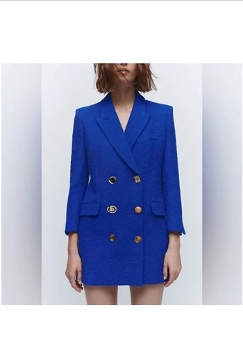 Düğmeli Kısa Mavi Kadın Blazer Ceket