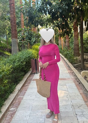 s Beden Uzun Kollu Yüksek Yakalı Pembe Elbise